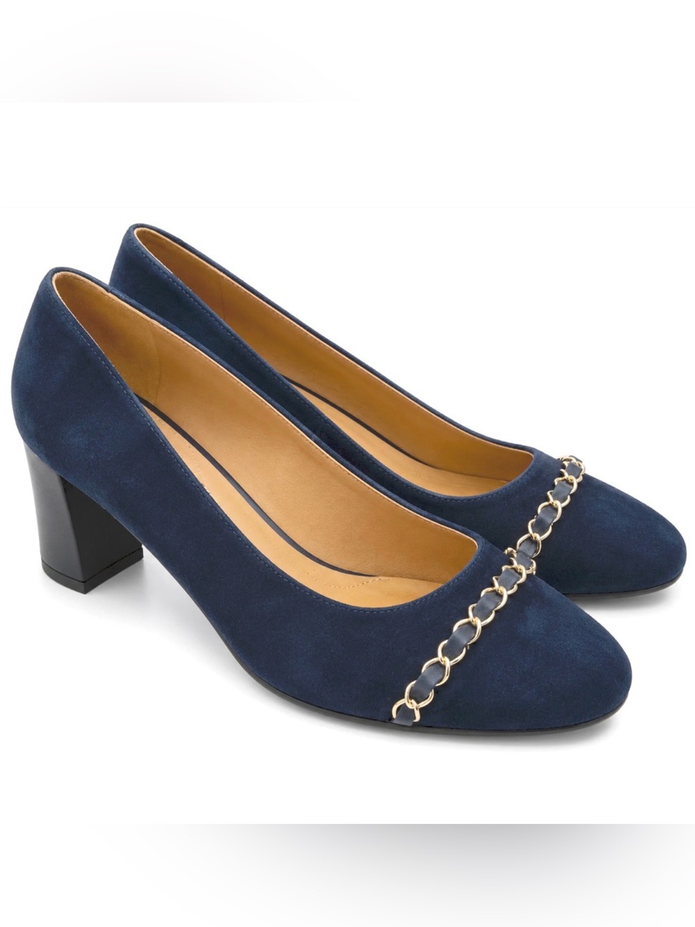 NEW TALBOTS NAVY SUEDE ELLERY CHAIN BLOCK HEEL PUMPS SHOES SZ 9.5